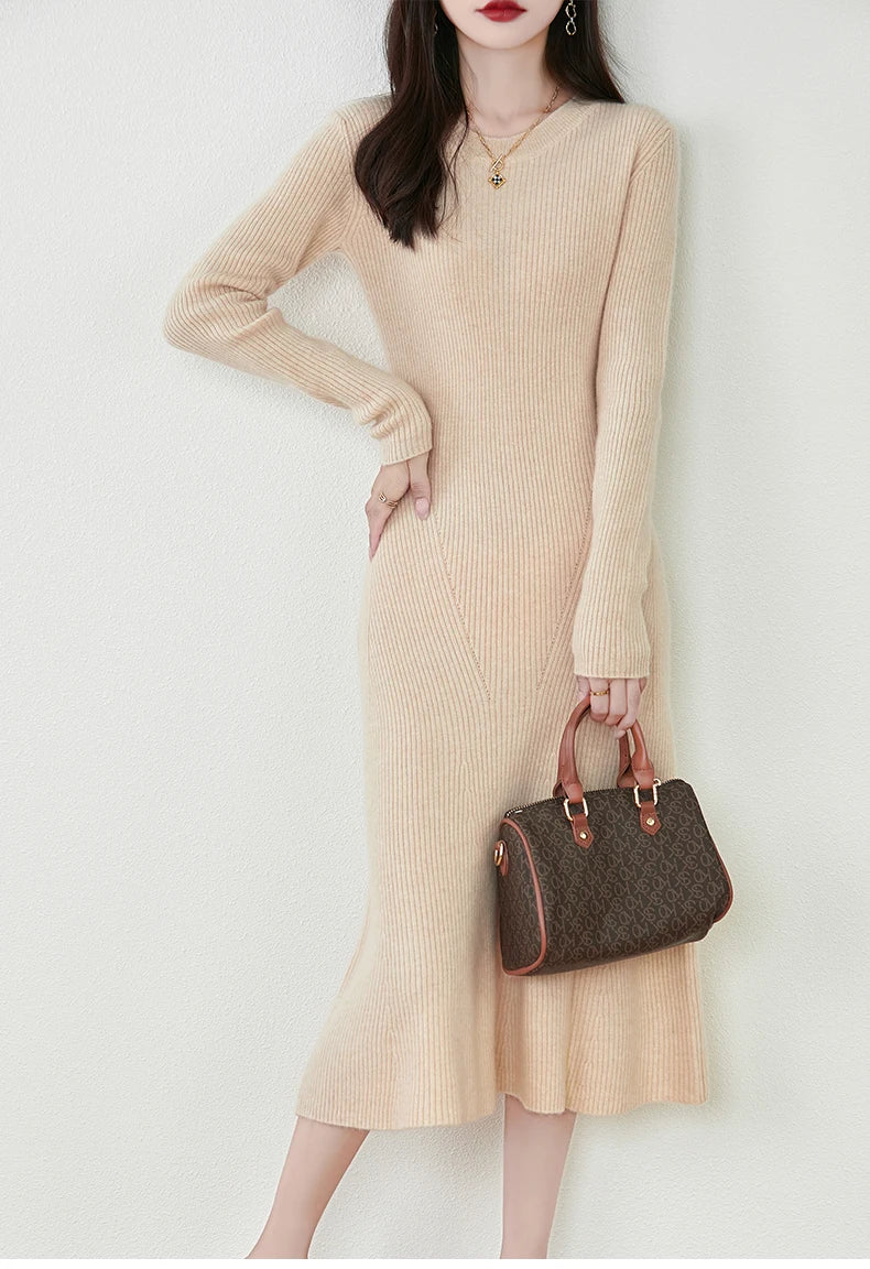 Women's Pure Wool Knitted Long Dress, Round Neck, Fishtail Skirt, Slim, Elegant, Casual, Fashionable, Sweater, 2024Autumn/Winter Badiee Stylez