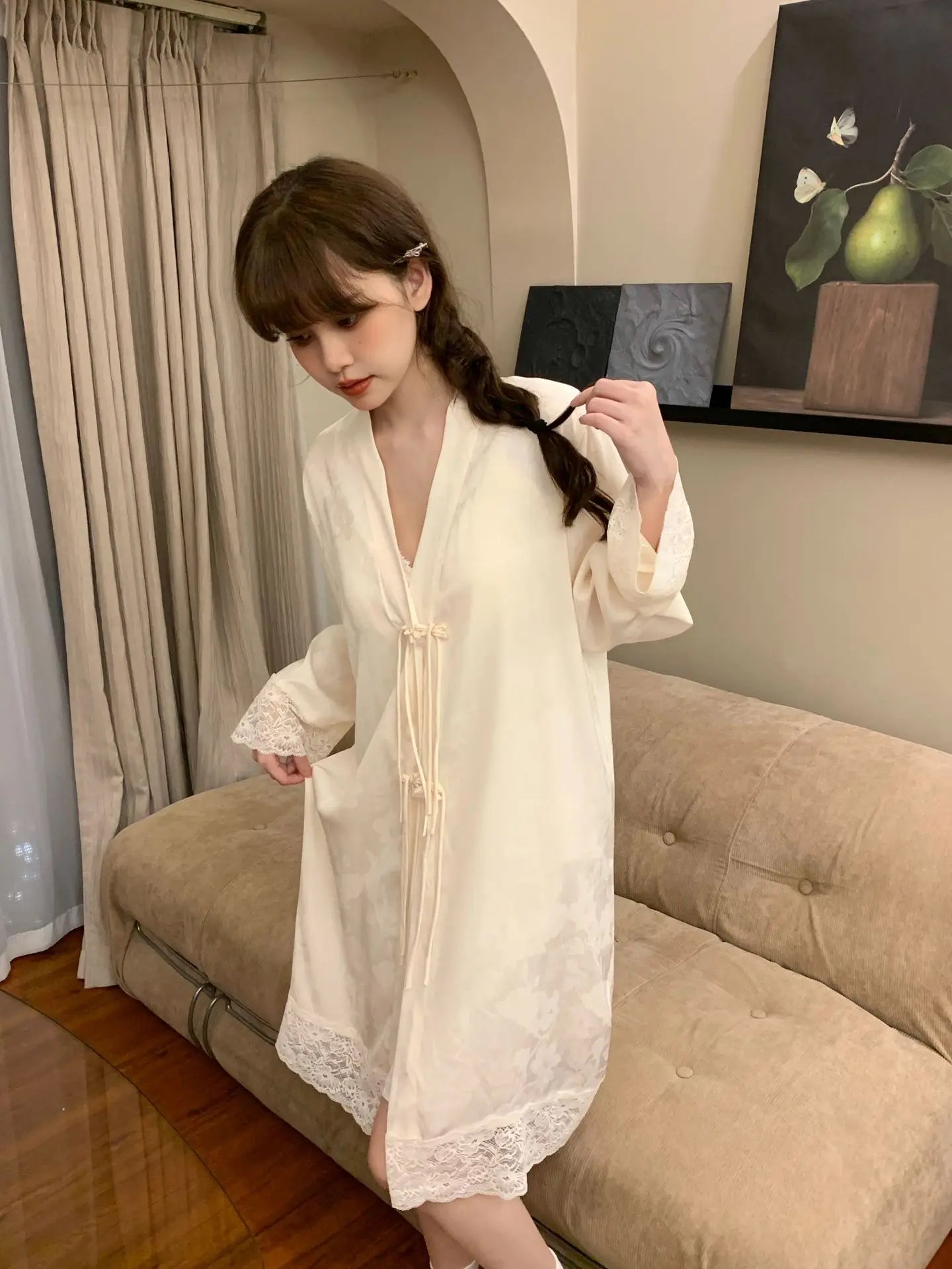 New Chinese Style 2PCS Robe Nightgown Set Sleepwear Sexy Lace Suspender Nightdress Loungewear Jacquard Satin Bathrobe Homewear Badiee Stylez