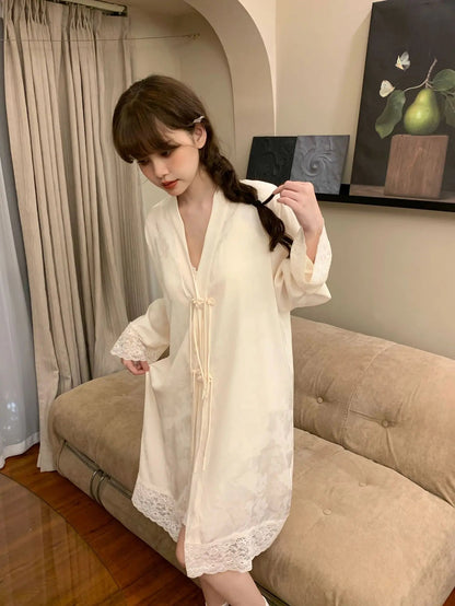 New Chinese Style 2PCS Robe Nightgown Set Sleepwear Sexy Lace Suspender Nightdress Loungewear Jacquard Satin Bathrobe Homewear Badiee Stylez