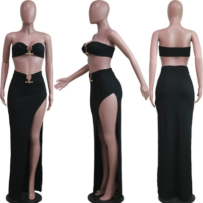 New Chic Gold Ring Bandeau Slit Skirt Two-Piece Set Womens Beautiful Off Shoulder Matching Skirt Set Nightclub Outfits Badiee Stylez