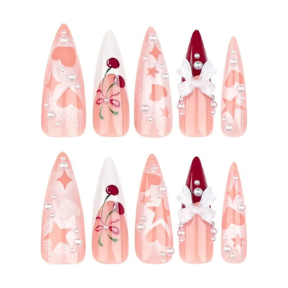 24Pc Long Stiletto Press on Nails Cherry Pink French False Nails with 3D Bow Pearls Design Detachable Acrylic Fake Nail Art Tips