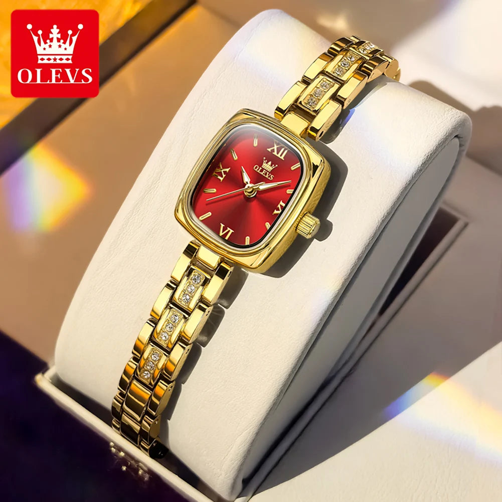 OLEVS 3695 Women Watches Tonneau Quartz Watch Waterproof Luminous Ladies Watch For Woman Luxury Fashion Original Elegant New Gold Red CHINA Yes