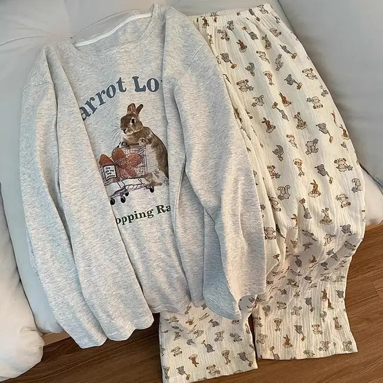 Spring and Autumn New Ladies Ins Style Pajamas Homewear Set Cartoon Girl Long-Sleeved Long Pants Korean Pajamas Homewear Set 1246