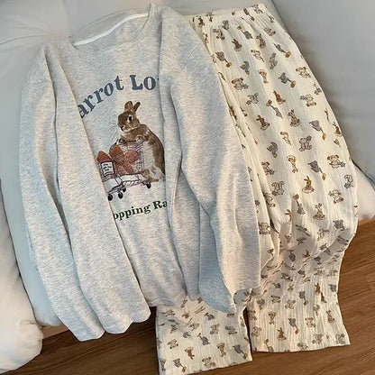 Spring and Autumn New Ladies Ins Style Pajamas Homewear Set Cartoon Girl Long-Sleeved Long Pants Korean Pajamas Homewear Set 1246