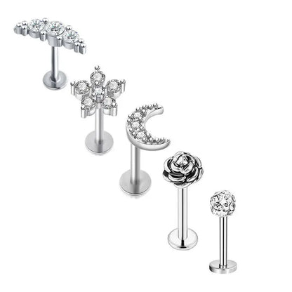 5PCS Flower Tragus Piercing Set Flat Back Cz Cartilage Stud Earring Helix Jewelry Conch Rook Stud Lot Labret Lip Piercing Bulk