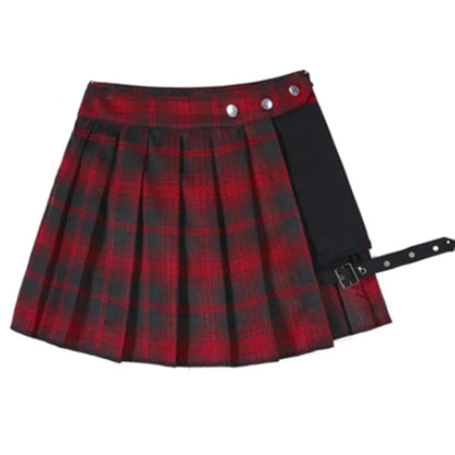 Red Pleated Skirts Streatwear plaid Side Button skirt womens Casual Mini Skirt All Match Women Short Skirt Fashion Tartan 704-2