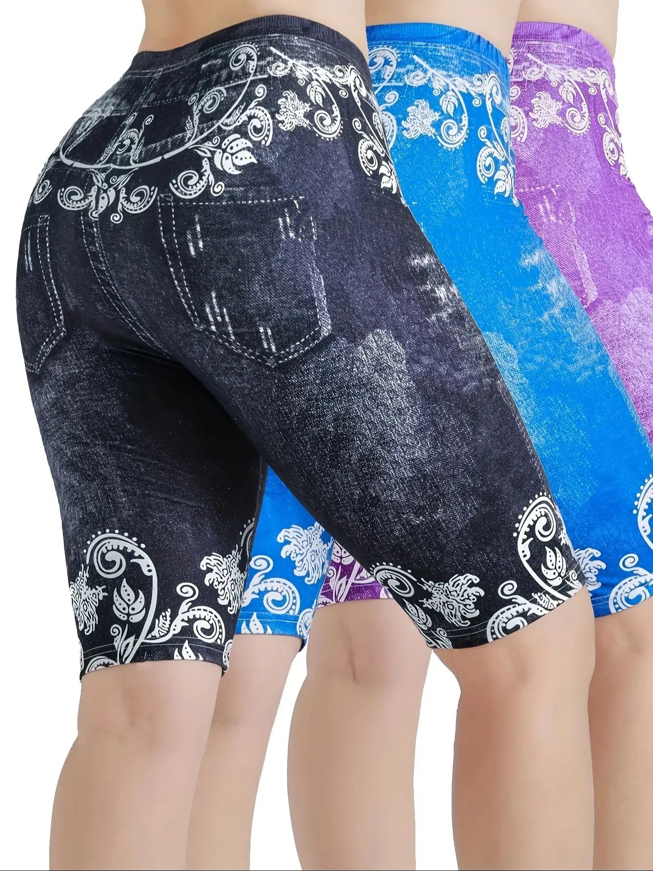 3 Piece Set Of Lmitation Denim Leggings For Women Butterfly Waist Fruit Flower Elastic Shorts High Waist Casual MULTI