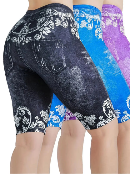 3 Piece Set Of Lmitation Denim Leggings For Women Butterfly Waist Fruit Flower Elastic Shorts High Waist Casual MULTI