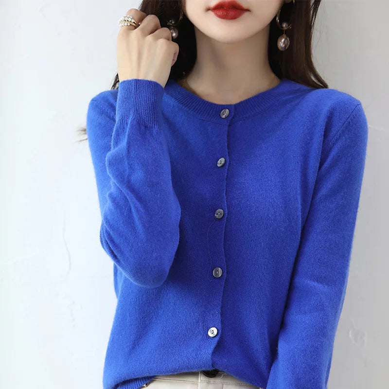 Knitted Cardigan Women's Sweater Autumn And Winter 2022 New Solid Color Coat Round Neck Short Long Sleeve Loose Korean Fashion Klein blue CHINA