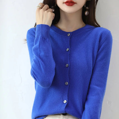 Knitted Cardigan Women's Sweater Autumn And Winter 2022 New Solid Color Coat Round Neck Short Long Sleeve Loose Korean Fashion Klein blue CHINA