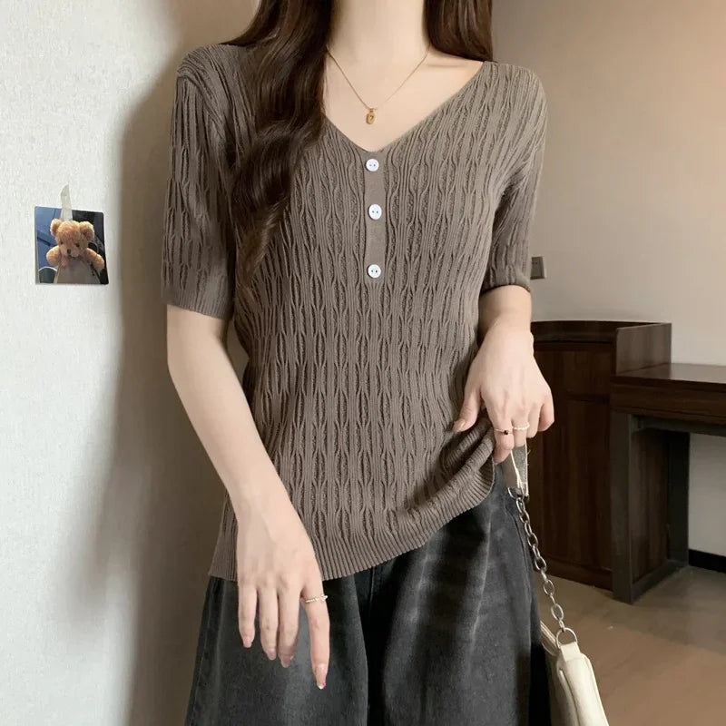 Plus Size Women's Summer New Style Slim Fit Knitted Top Belly Covering T-Shirt for Plump Sister V-Neck Big Code Sweater