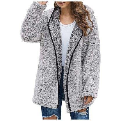 Autumn Winter Women Long Teddy Jacket Warm Thick Fleece Coat Turn Down Collar Plush Coat Woman Casual Long Sleeve Winter Clothes GRAY