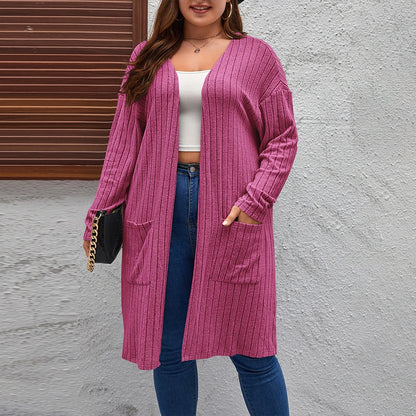 Plus Size Women's Solid Ribbed Long Sleeve Pockets Cardigan Tops Spring Autumn Ladies Casual Coatigan Outwear Size 1XL-5XL Fuchsia