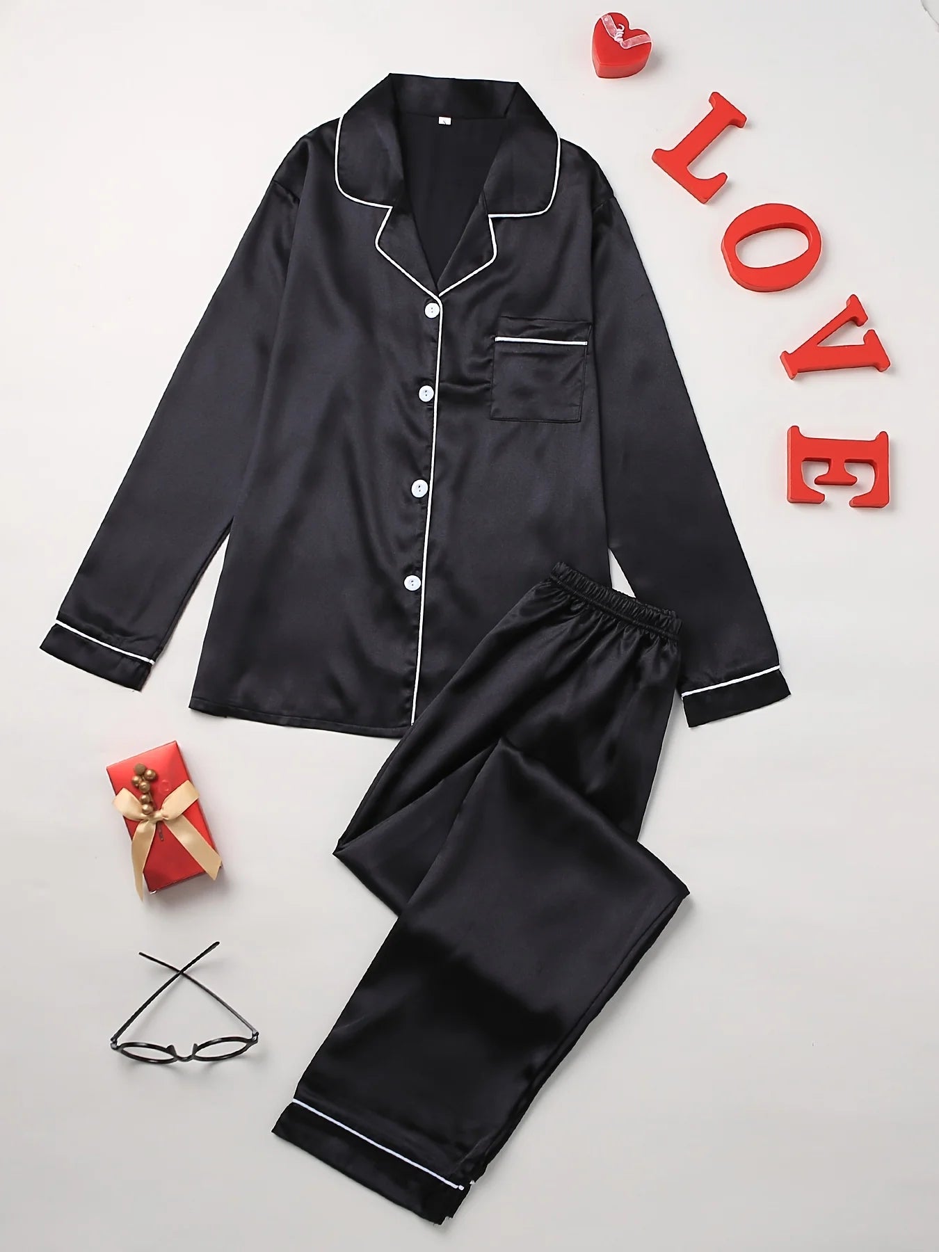 Solid Pajama Set Long Sleeve Button Up Lapel Top & Pants Pj Set Women's Sleepwear & Loungewear black