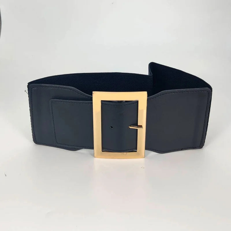 Fashion Plus Size Golden Bucket Corset Belts for Women Wide Elastic Stretch Cummerbunds Female Dress Coat jacket Waistband black 78cm