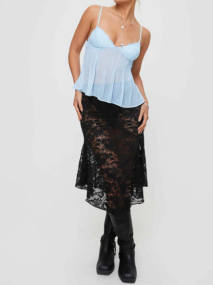 New Fashion Womens Pleated Camisole Mini Bowknot Front Spaghetti Strap V-Neck Lace Cropped Tops Club Street Style Hot Sale S-XL