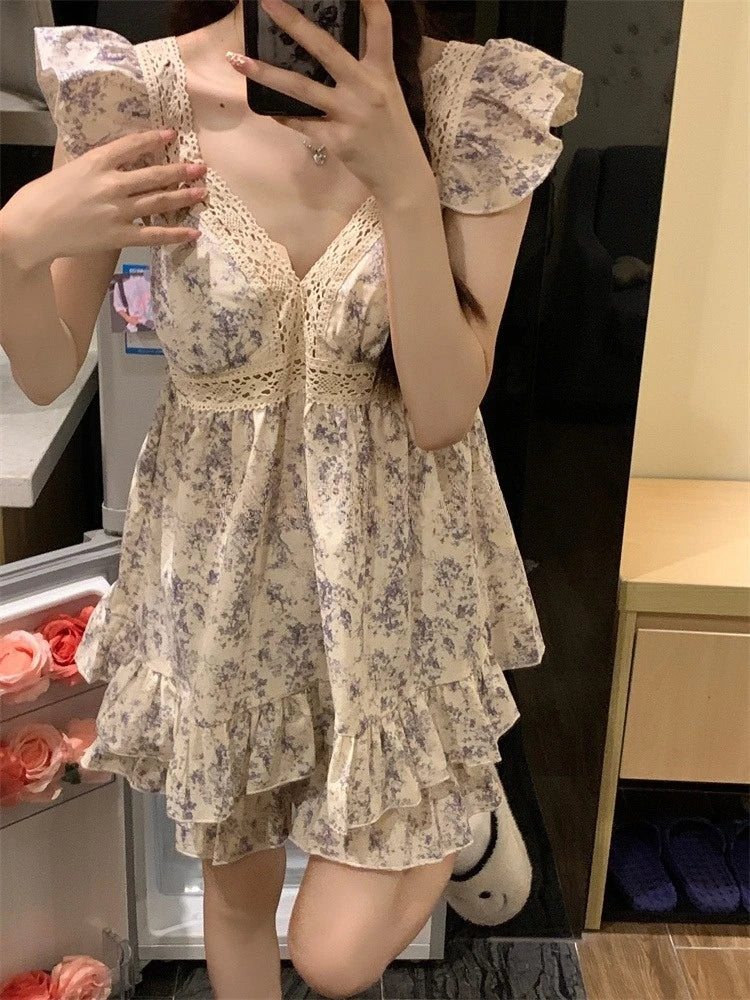 Sweet Princ Sle Women's Lace Nightgown Set with Chest Pad V-Ne ort Pants Summer Breathable Cotton Spwear