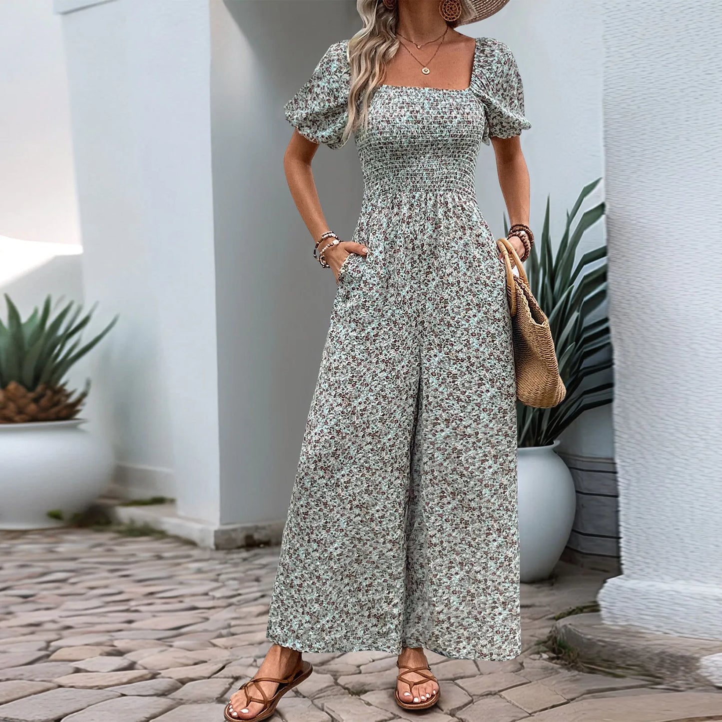 Bohemian Vacation Holiday Jumpsuit Women Pleated Wide Leg Rompers Chiffon Print Ethnic Playsuit Summer Casual Jumpsuits Badiee Stylez