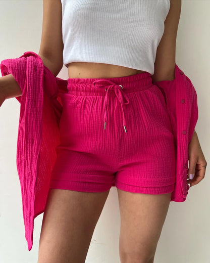 Short Sets Women Tracksuit Single Breasted Cardigan Blouses Two Pieces Shorts Loose Button High Street Solid Pockets Folds