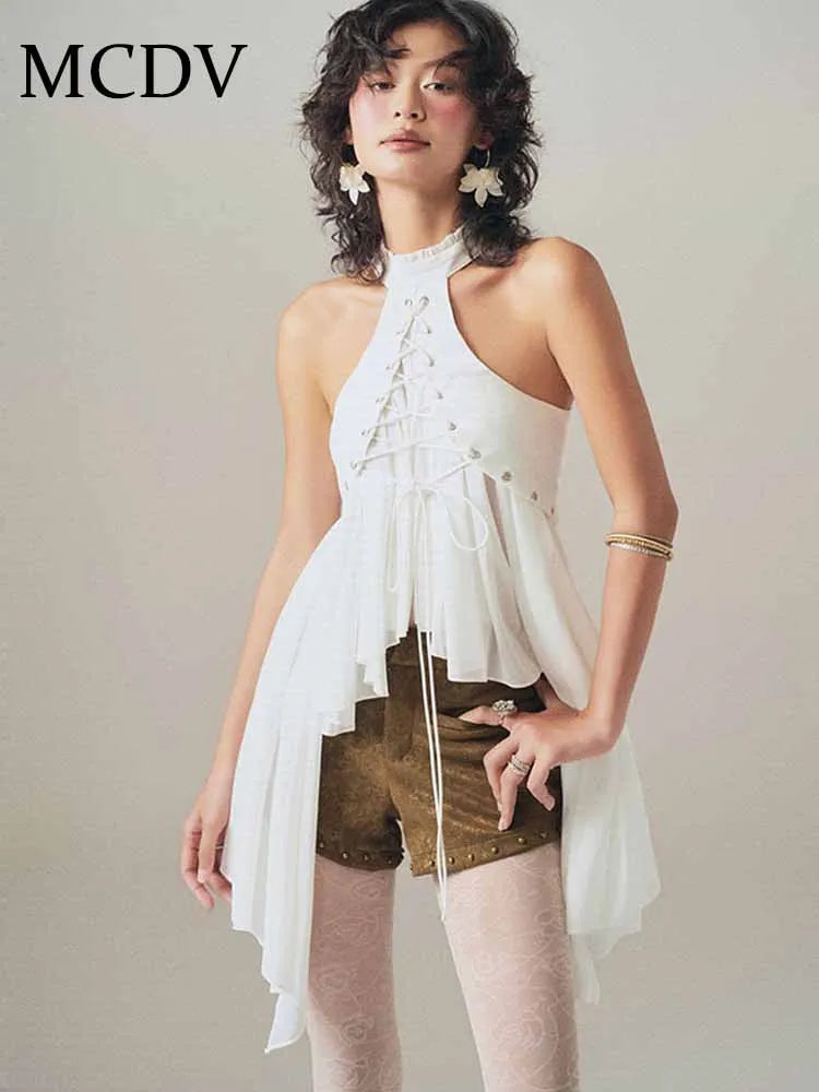 MCDV Mesh Patchwork Irregular Ruffles Vest Women Cross Bandage Elegant O-Neck Sleeveless Slim Tank Tops Y2K Summer Clothes Tees