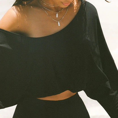 BIIKPIIK Casual Off Shoulder Solid Knitted Tops Concise Skew Collar Long Sleeve Autumn Tees For Women Sporty Irregular T-shirts