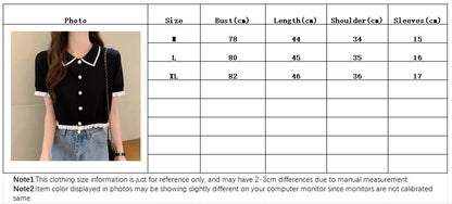 Sweet Women Shirt Korean Knitted Turn Down Collar Chic Short Sleeve Female Blouse Summer Retro Slim All Match Ladies Crop Tops