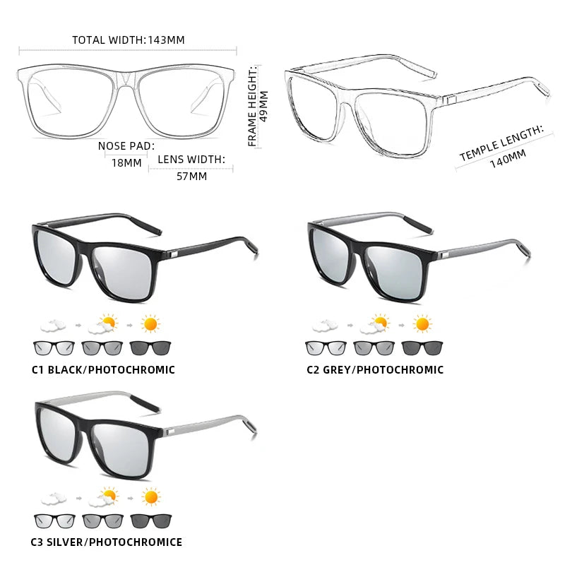 Luxury Square Photochromic Sunglasses Men Women Classic Black Polarized Sun Glasses Male High Quality Chameleon Driving Shades