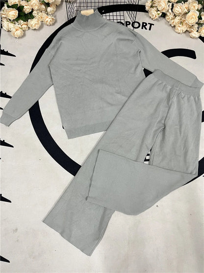 Autumn Winter 2 Pieces Women Sets Knitted Tracksuit Turtleneck Sweater and Straight Jogging Pants Suits GRAY One Size