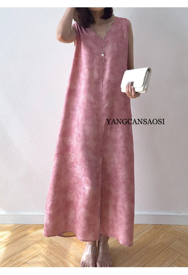 2025 Women's Summer New Luxury 100% Natural Mulberry Silk Jacquard Satin V-neck Split Double Sided Sleeveless Vest Dress Badiee Stylez