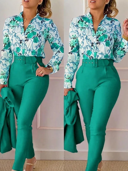 Autumn Winter Stand Neck Floral Print Long Sleeve Shirt Pants Two Piece Sets Elegant Women Casual Shirt Trousers Suits With Belt Green3 CHINA
