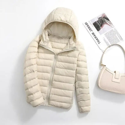 Plus Size 2023 Autumn and Winter New Women Lightweight Puffer Jacket Female Hooded Slim-fit White Duck Down Warm Short Coats Apricot
