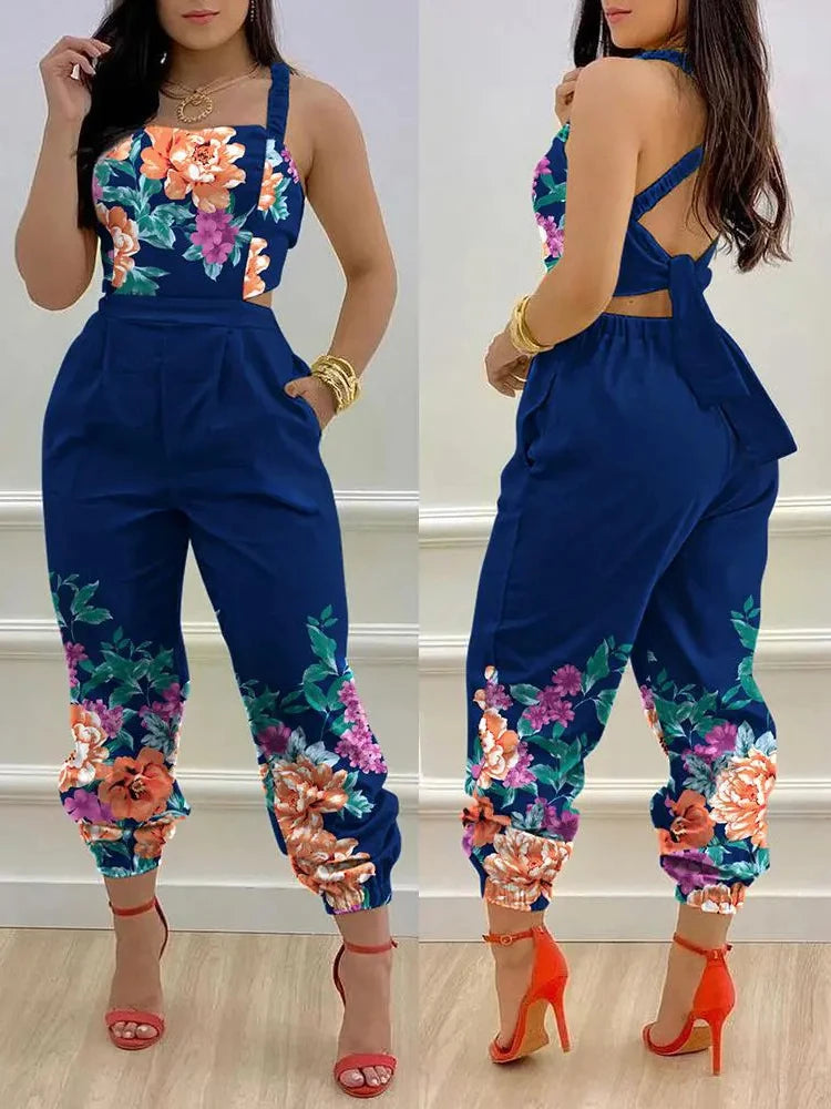 New Summer Fashion Printed Sleeveless Jumpsuit Sexy Hollow Backless Lace Up Long Jumpsuits Elegant Casual Jumpsuit With Pocket Badiee Stylez
