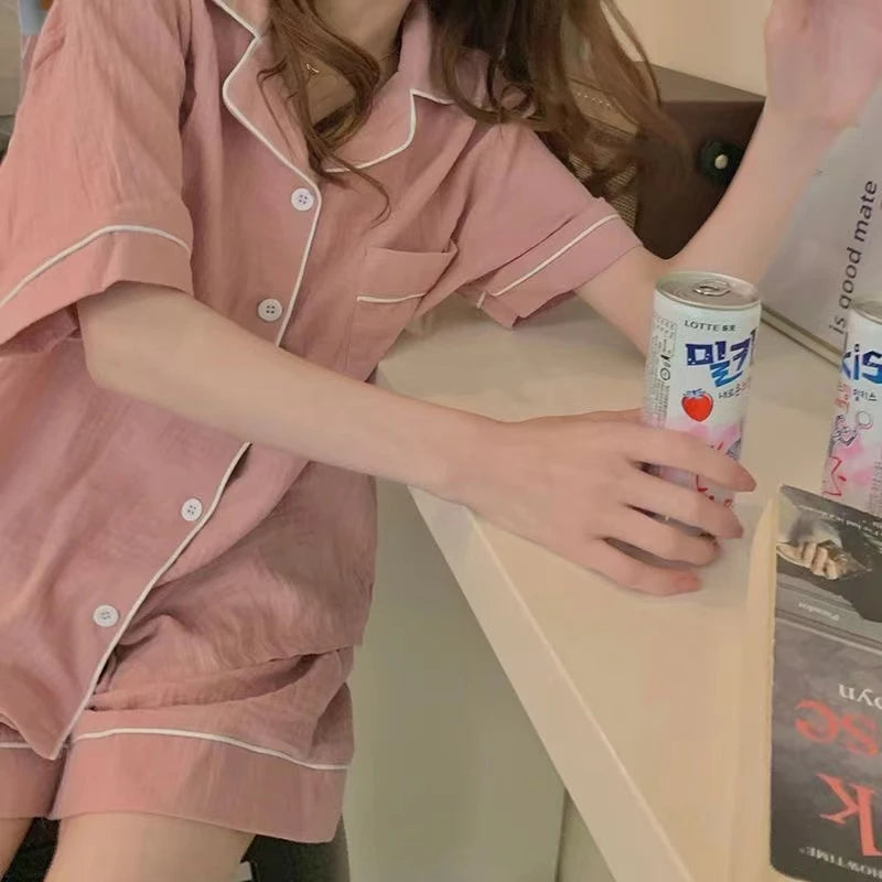 Summer Soft Cotton Linen Nightgown Women's ort Sve Home Clothes Two-Piece Set Cute Youth Polyester Fiber Thin Fabric