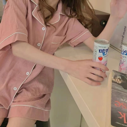 Summer Soft Cotton Linen Nightgown Women's ort Sve Home Clothes Two-Piece Set Cute Youth Polyester Fiber Thin Fabric