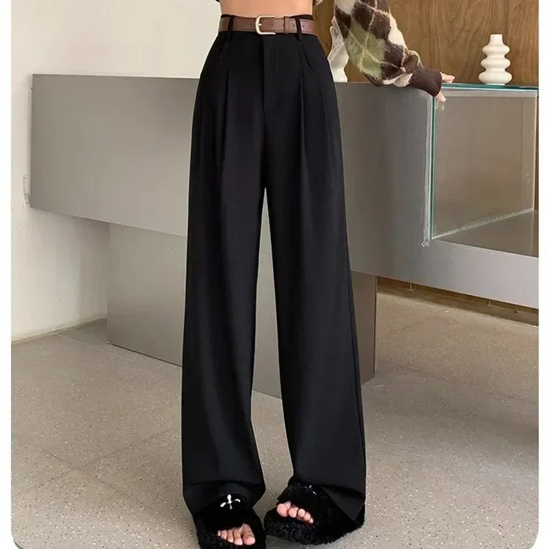 Women Fashion Suit Pants Lady Breathable Baggy High Waist Wide Leg Summer Trousers Lady Straight Leg Black Coffee Classic Pants Badiee Stylez
