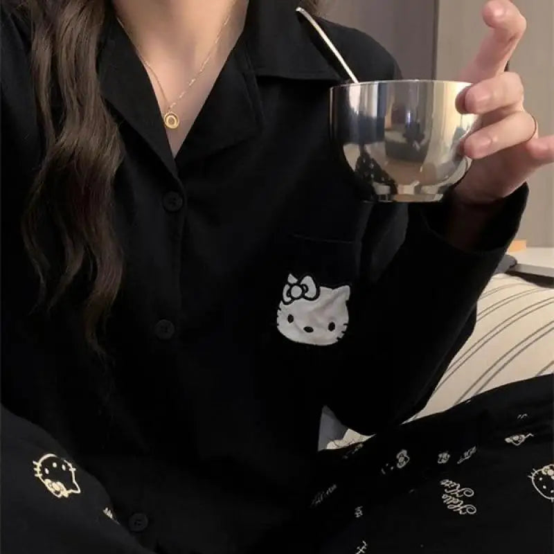 Kawaii Sanrios Hello Kittys Women's Pajamas Set Spring Autumn Anime Cartoon Students Polyester Long Sleeved Girls Nightwear Gift