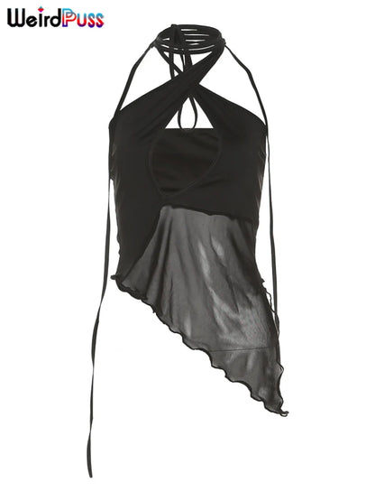 Weird Puss Cross Halter Women Tank Tops Hollow Out Backless Sleeveless Irregular Mesh Patchwork Solid Sexy Wild Party Clubwear