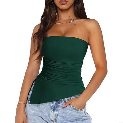 920L Strapless Ruched Asymmetrical Tube Top for Women Off Shoulder Bandeau Shirt Solid Color Side Split Fit Top for Ink green CHINA
