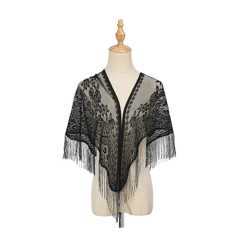 2024 White/Black Catholic Woman Spanish Style Lace Tassel Church Veil Head Covering Long Veil Floral Scarves Wedding Accessories Badiee Stylez