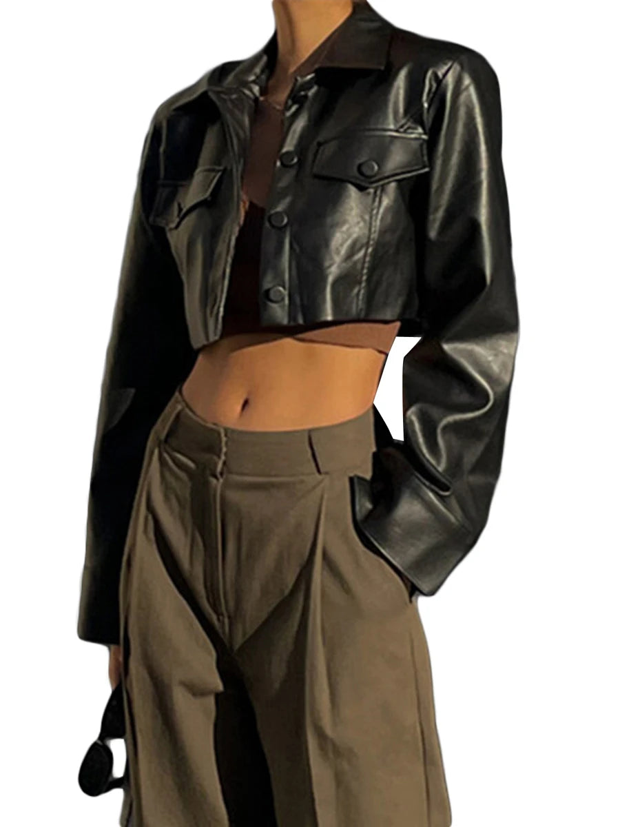 Women Crop Leather Jacket Solid Black Casual Long Sleeve Button Down Jacket Fall Outwear