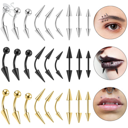 ZS 1 PC 16G Stainelss Steel Eyebrow Ring For Men Women Long Spike Curved Nose Bridge Piercing 3 Colors Cone Lip Labret Piercings