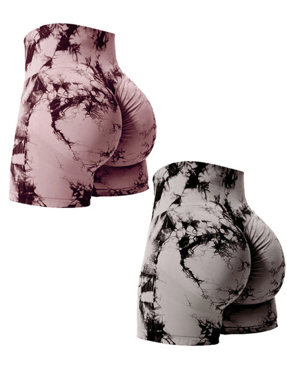 2PCS Tie Dye Butt Lifting Sexy Gym Shorts Woman Skinny Stretch High Waist Sport Shorts Casual Seamless Red Black 2Piece