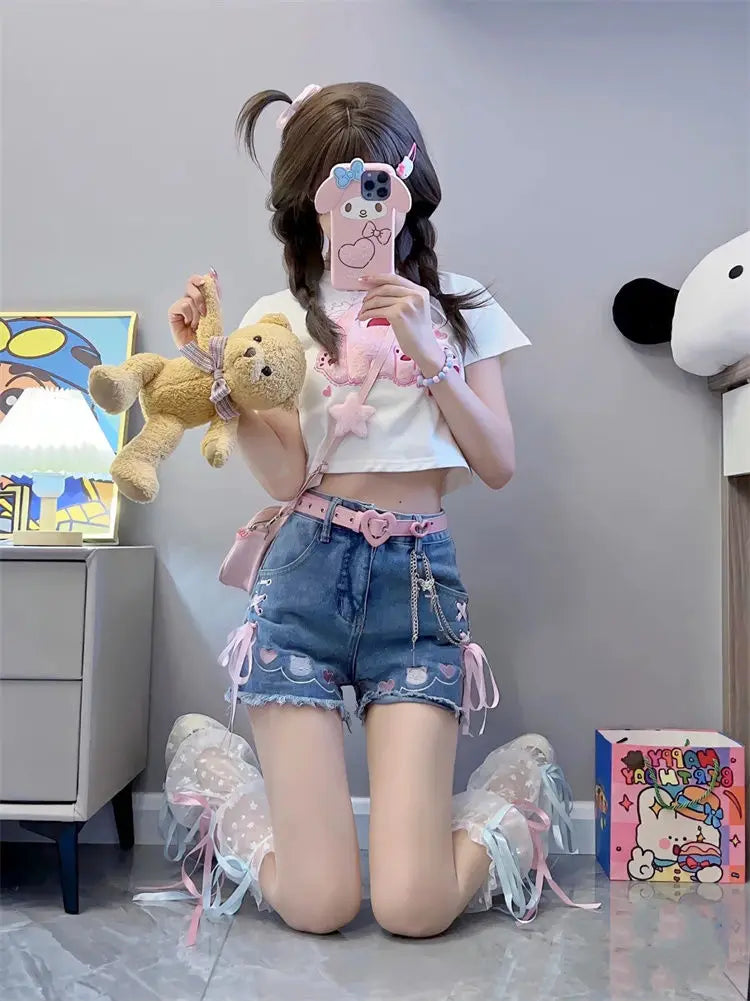 Women's Denim Shorts Strap Cute High Waist Bow Kawaii Female Short Jeans Pants Elegant New in To Wear Stretchy Trend 2025 Casual