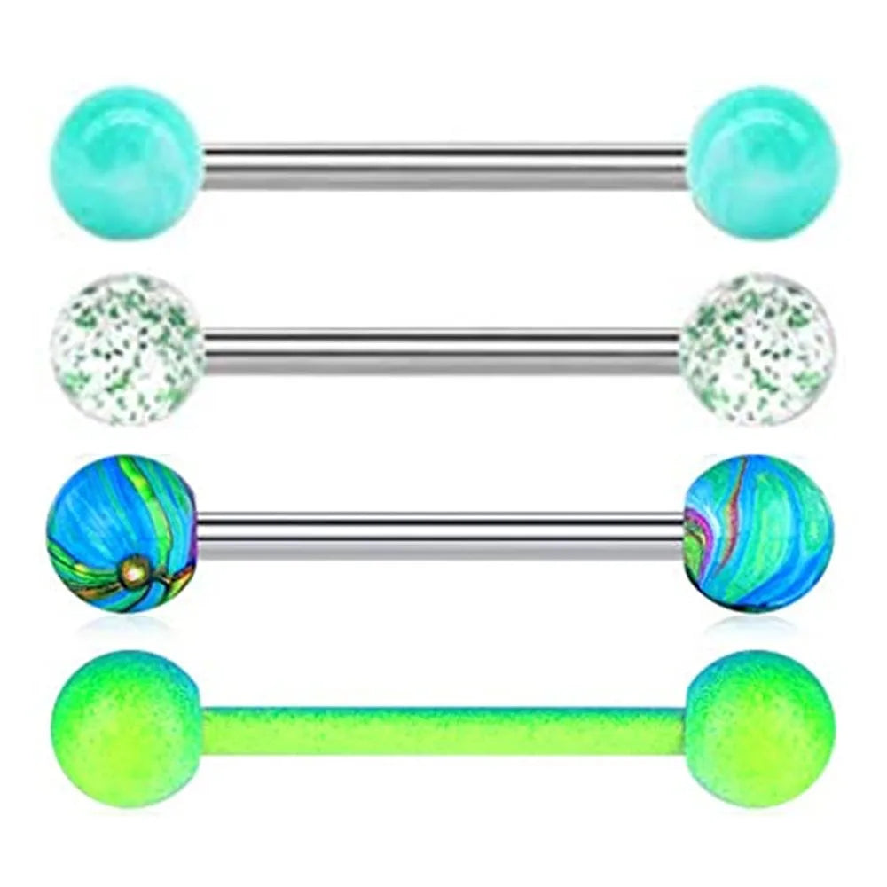 1PCS/4PCS Green Blue Acrylic Balls Tongue Barbell Splatter 316L Stainless Steel Bar Tongue Rings Piercing Badiee Stylez