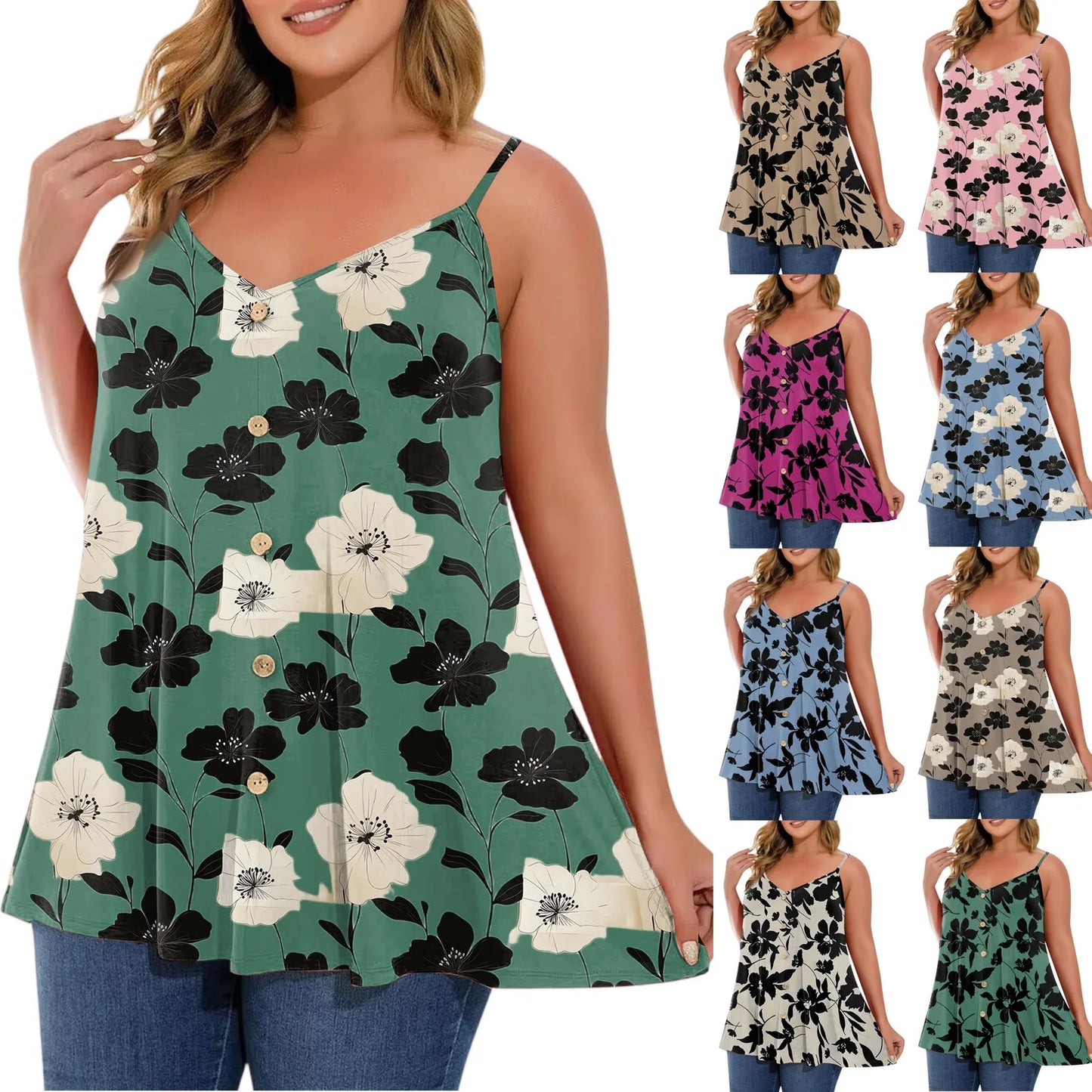 Plus size vest women's casual camisole top with adjustable shoulder straps v-neck sleeveless top fashion printed vest