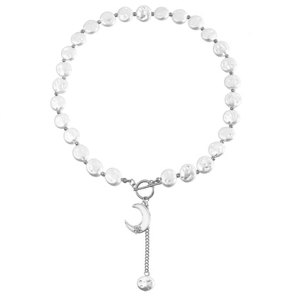 Simple Single-layer Baroque Imitation Flat Pearl Necklace Accessories Cool and Stylish Sweater Chain Jewelry ZW429 silver