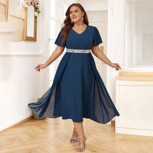 Plus Size Womens Elegant Butterfly Sleeve Sequin V-Neck Midi Dress Ladies Party Cocktail Evening Banquet Ball Gown Size 0XL-5XL
