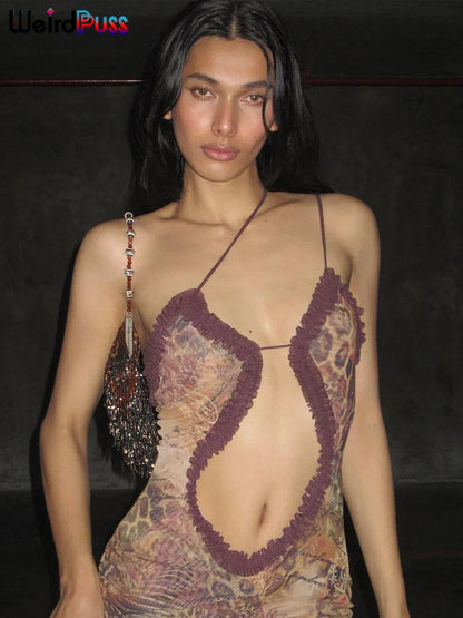 Weird Puss Side Split Women Dress Spaghetti Strap Halter Neck Edible Tree Fungus Hollow Out Sexy Evening Party Ladies Vestido