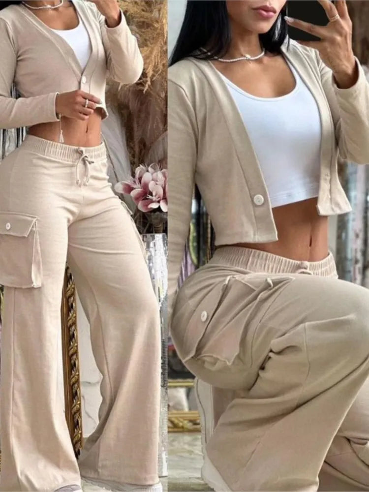 Women's Spring Summer New Fashionable Solid Color Printed Sexy Waist Short Top Casual Pants Set For Women