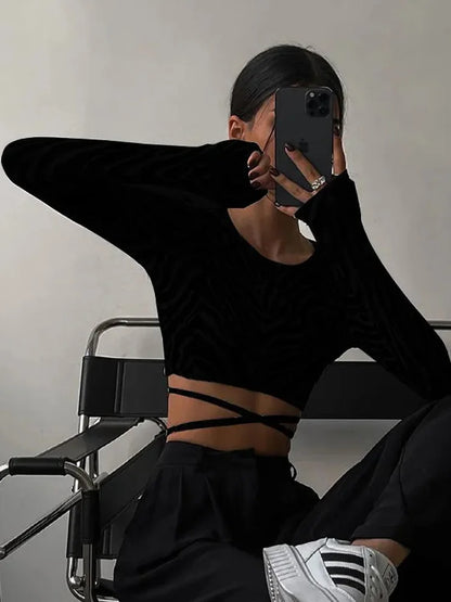 Sexy Backless Lace ups Pullover Tees Women Autumn Black O-neck Slim Longsleeve Short T-Shirt